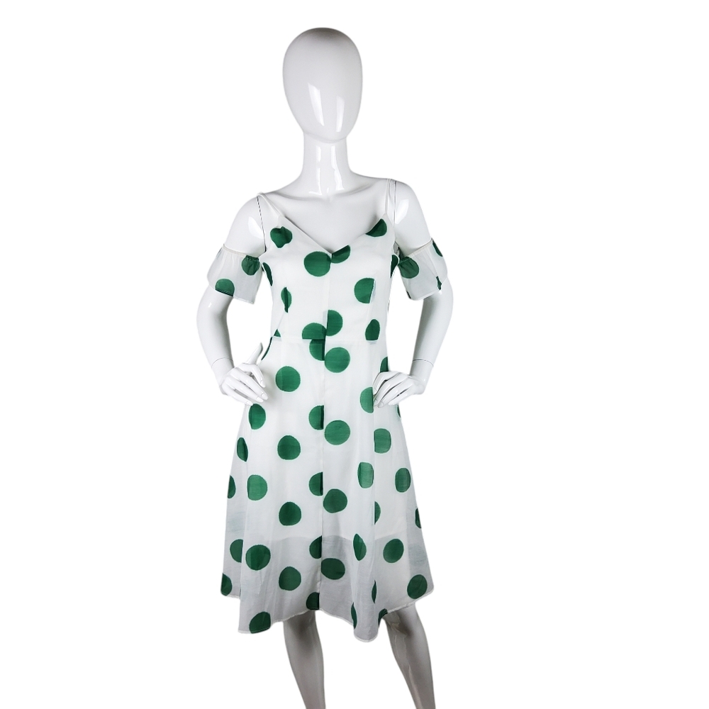 Line + Dot Polka Dot Off the Shoulder Knee Length Dress In White And Green Small